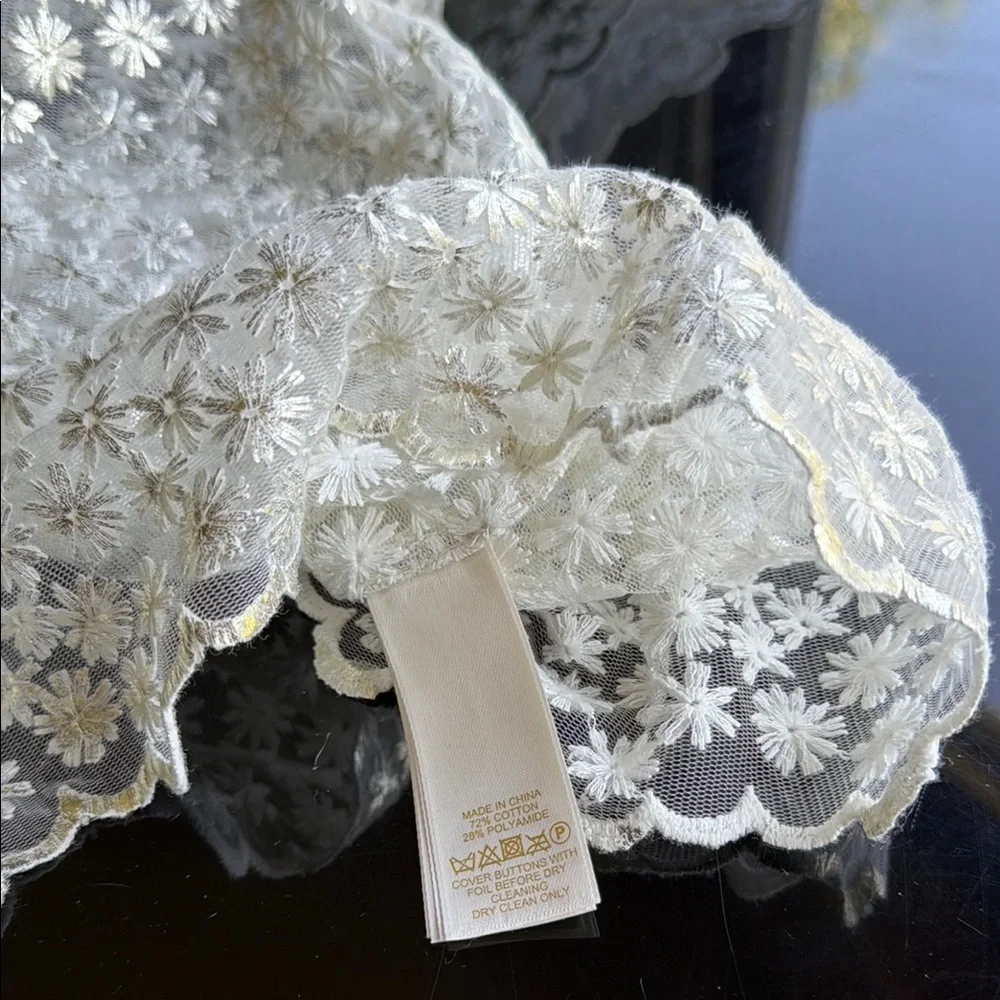 Kate Spade Delicate Shimmery Silver and White Embroidered Floral Lace Top